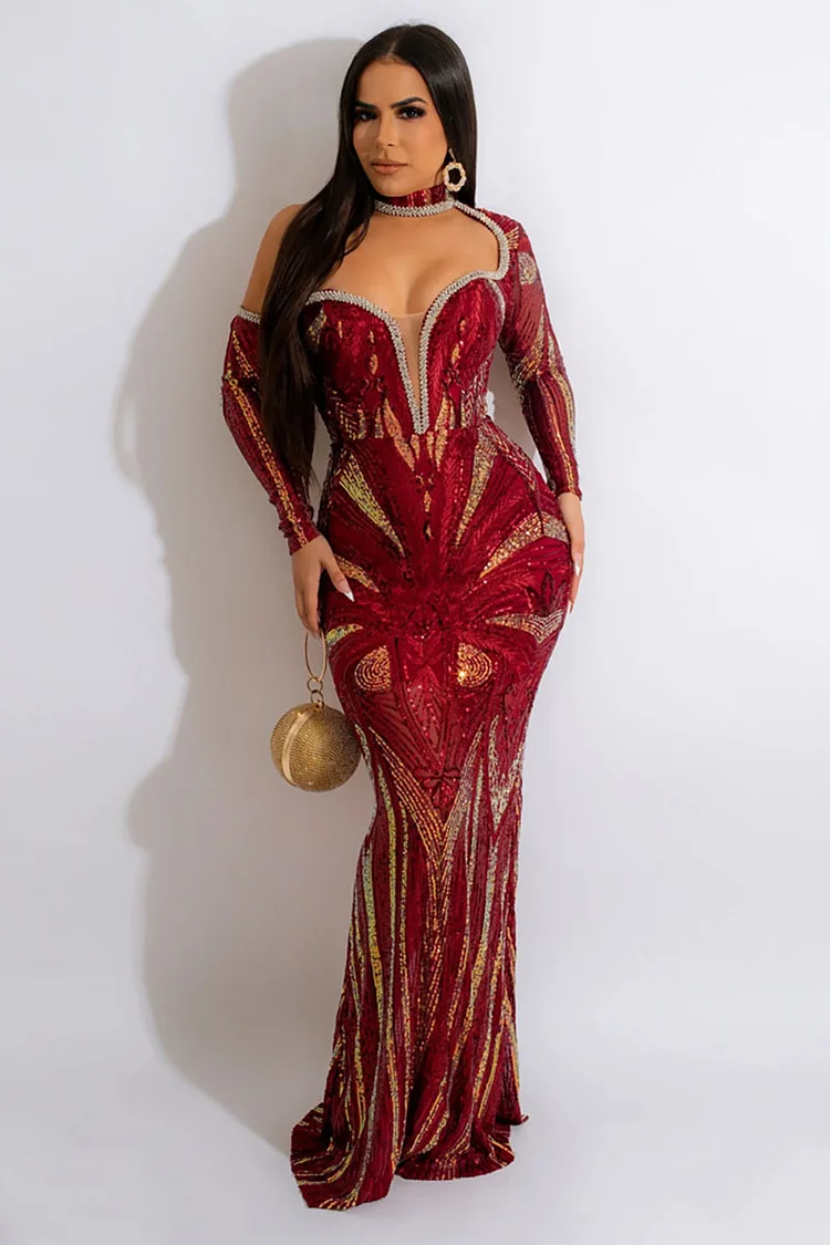 Sequins One Shoulder Long Sleeve Bodycon Evening Gowns Maxi Dresses