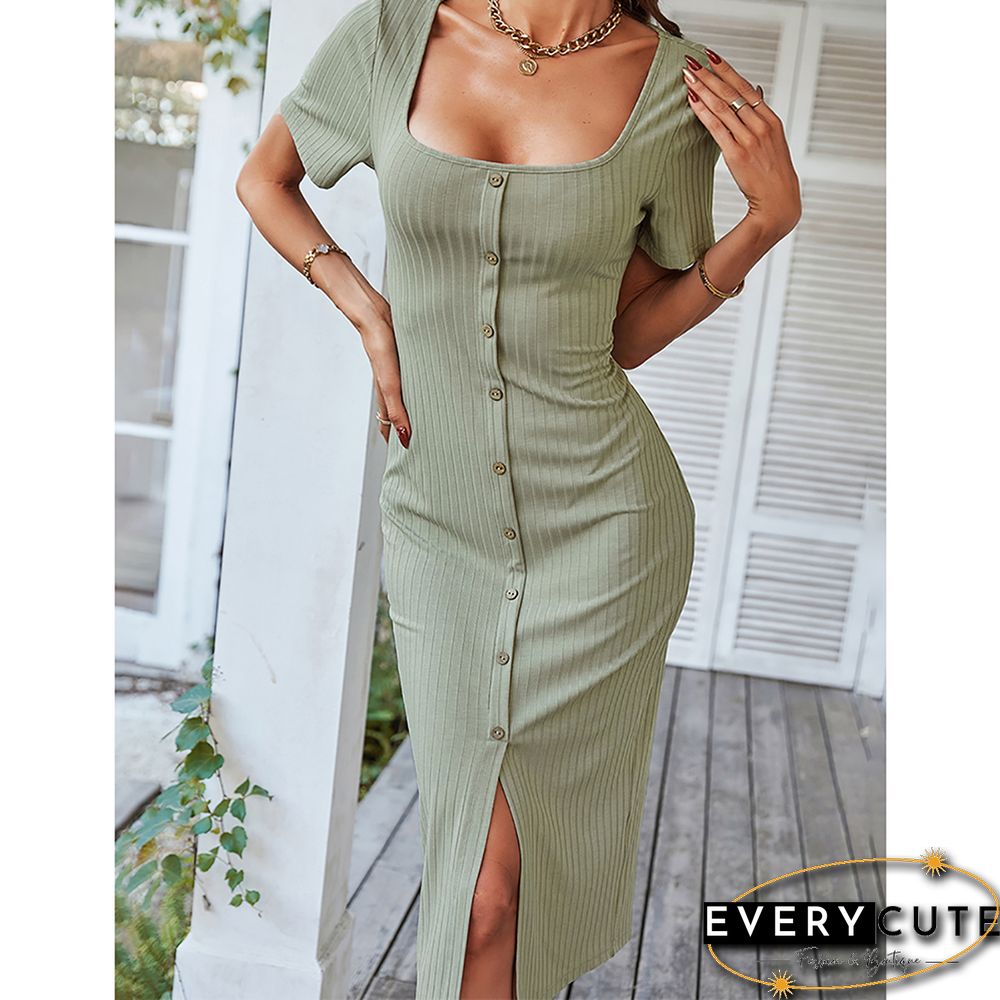 Light Green Rib Button Split Bodycon Dress