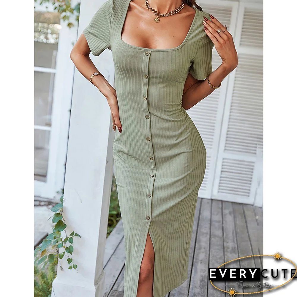 Light Green Rib Button Split Bodycon Dress