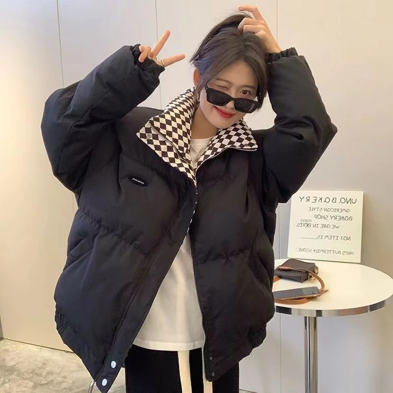 Toloer 2024 Winter New Chess Board Down Cotton Clothes Female Loose BF Wind Collar Short Cotton-Padded Clothes Cotton-Padded Jacket And Thick Bread Clothes-Outfit Ideas