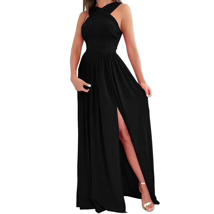 Sexy High Slit Halter Elegant Lace Strap Off Shoulder A Line Solid Color Prom Dress