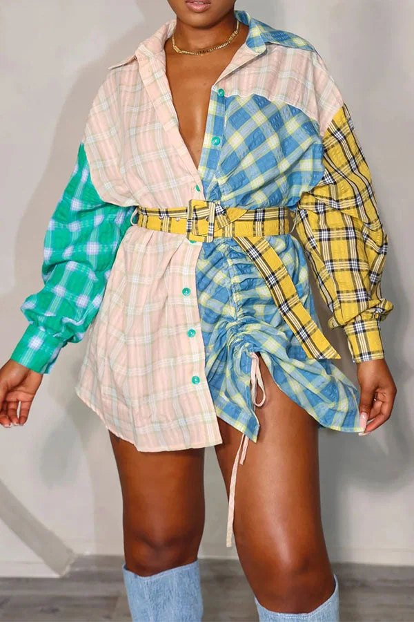 Plaid Classic Drawstring Belted Mini Dress