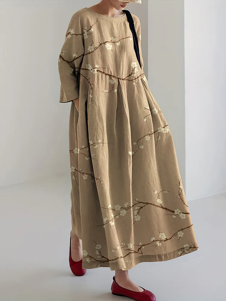 Cherry Blossom Japanese Art Print Long Sleeve Casual Midi Dress