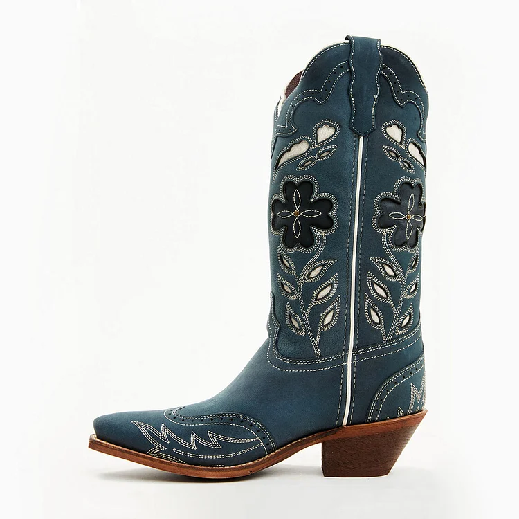 FSJ Dark Blue Cutout Floral Mid-Calf Cowgirl Boots with Chunky Heels |FSJ Shoes