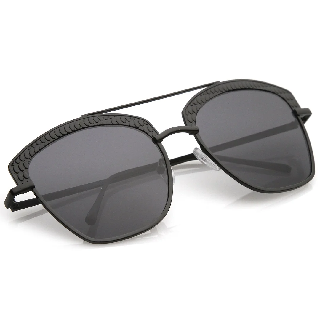 Women's Crossbar Slim Arms Textured Metal Flat Lens Square glasses 58mm