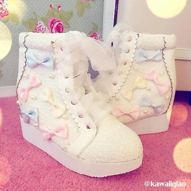 White/Pink Winter Candy Bowknot Lace Elevator shoes High-top Sneakers SP153611