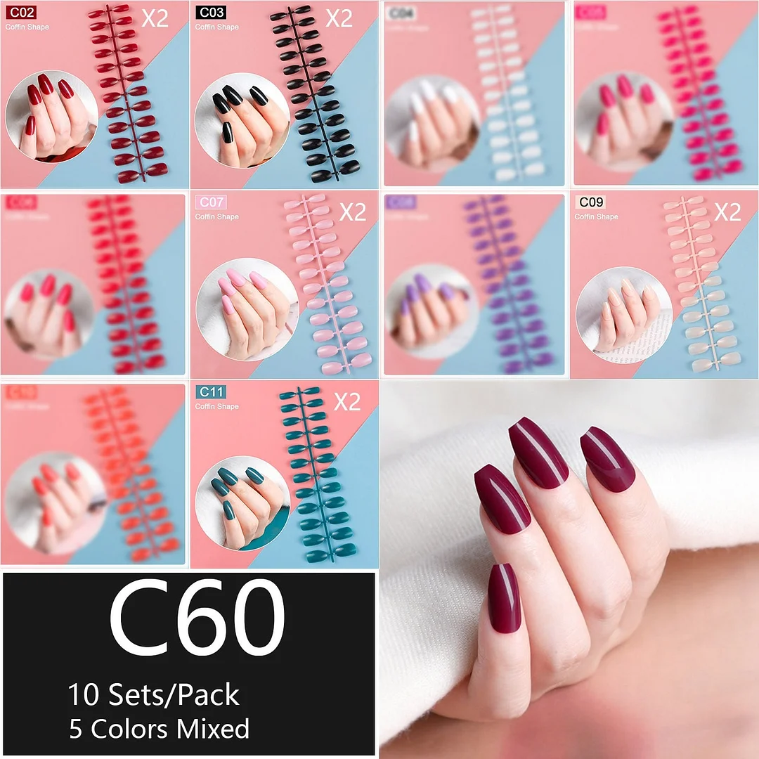 10 Sets/Pack Mixed Solid Colors Coffin Round Square Almond Shape False Nails Full Cover Nail Tips Short Fake Nails Tip Manicure-Nail Inspo