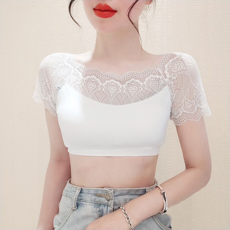 Lace Splice Short Sleeve Base Shirt Beautiful Back Design Halter Neck Super Short Sle Women's Top Korean Sle Commute Pure...