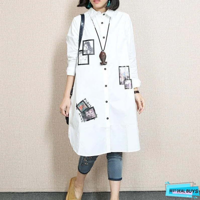 Spring Applique Casual White Shirt