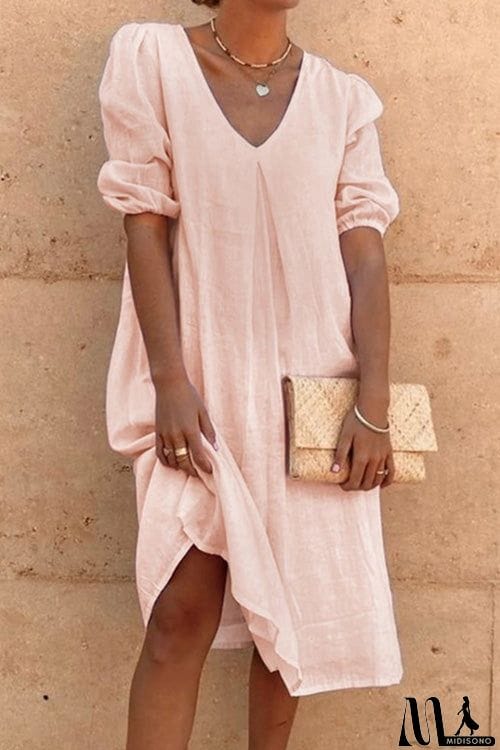 MidiSono - Casual Solid Loose V Neck Three-quarter Sleeve Dress