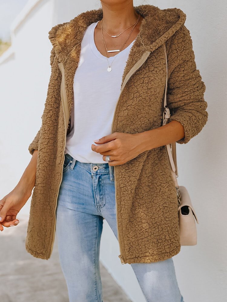 Casual Solid Fluffy Zip Front Loose Hooded Women Fleece Coat - Shop Trendy Women's Clothing | LoverChic