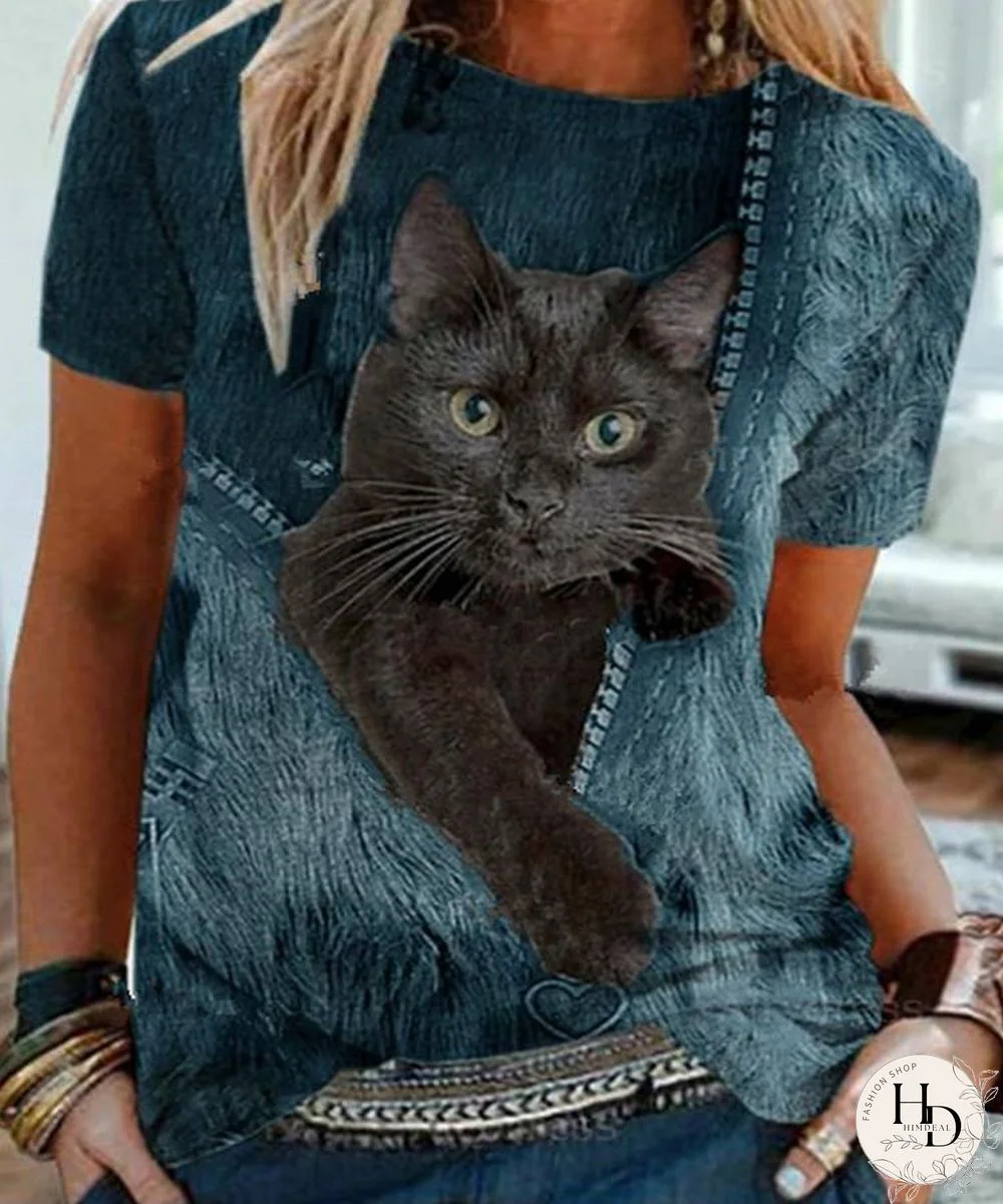 Cartoon Cat Print Casual O-Neck Short Sleeve T-Shirt