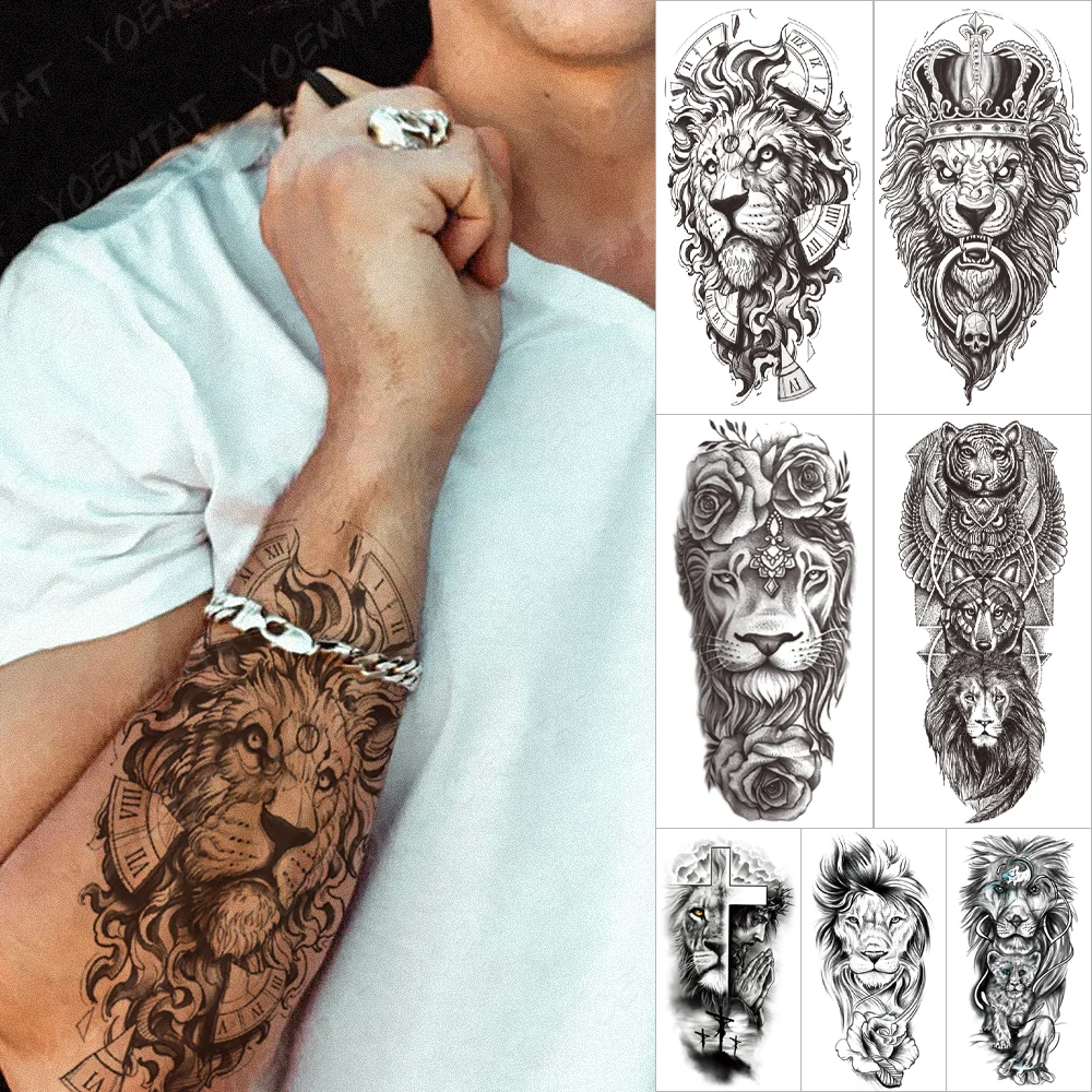 Sdrawing Sdrawing Temporary Sleeve Arm tattoo Sticker Lion Clock Tiger Gear Skeleton Rose tattoos Body Art Fake tatoo Men Women Black