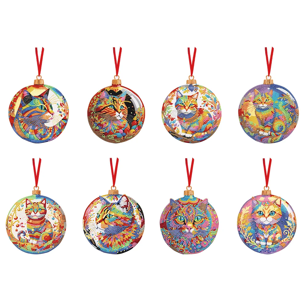 8PCS Double Sided Diamond Drawing Hanging Ornament Colourful Cat