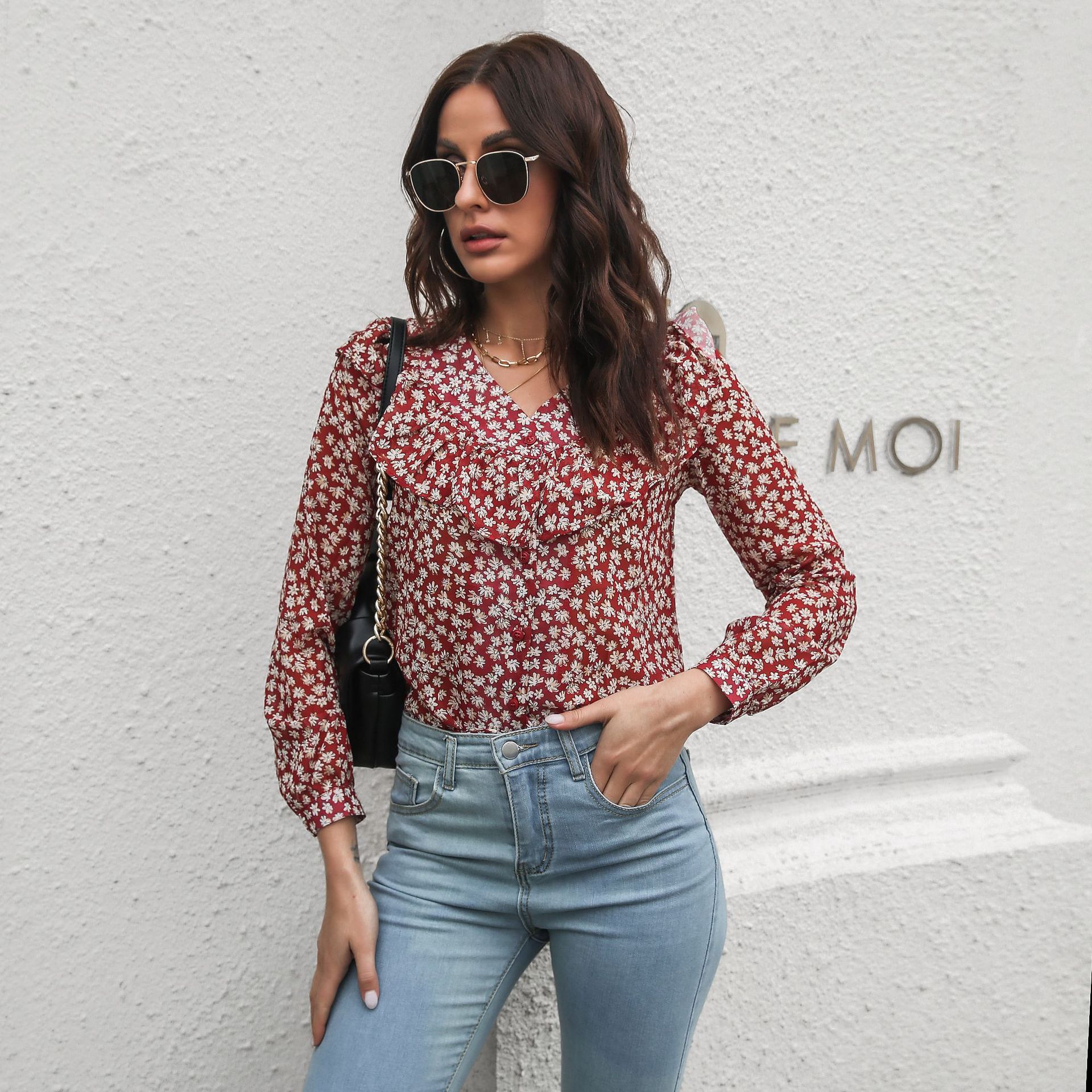 Women V Neck Button Floral Print Loose Blouse