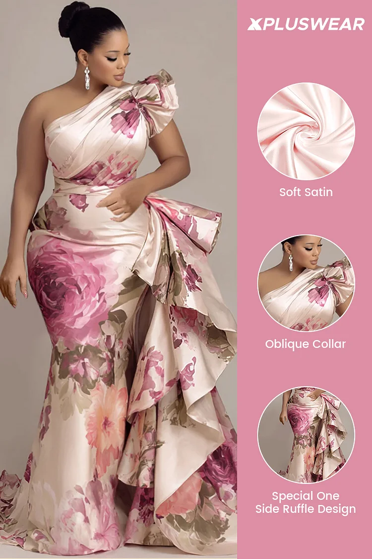 Xpluswear Design Plus Size Formal Pink Oblique Collar One Shoulder Ruffle Elegant Satin Maxi Dresses [Pre-Order]