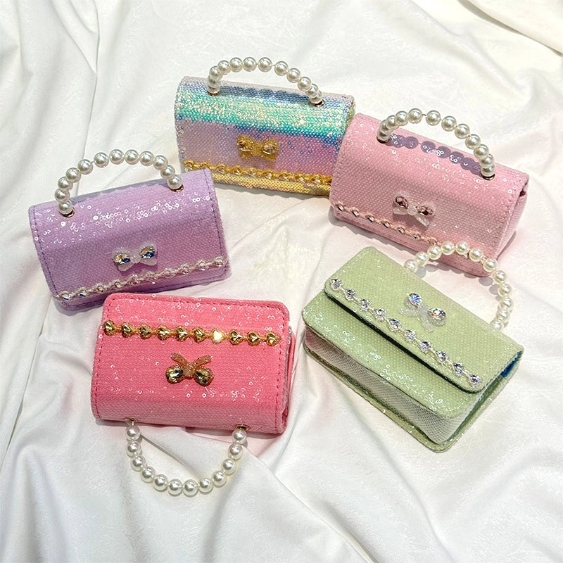 Women's Girl'S Pu Leather Heart Shape Bow Knot Cute Sequins Rhinestone Pearls Square Magnetic Buckle Handbag Crossbody Bag