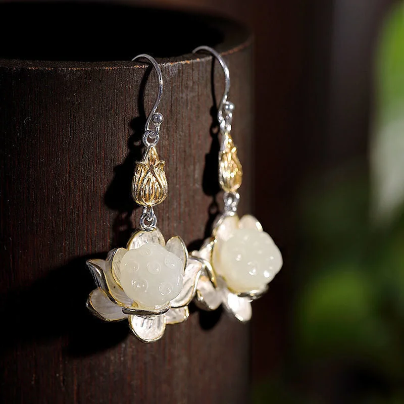 White Jade Lotus Harmony Protection Drop Earrings
