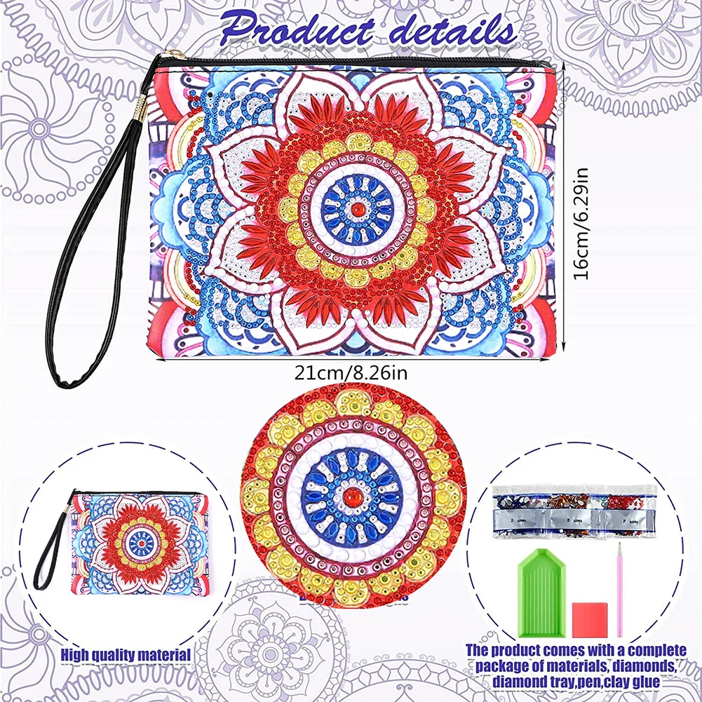 DIY Mandala Diamond Art Cosmetic Bag Flowers Single Sided PU Women Clutch