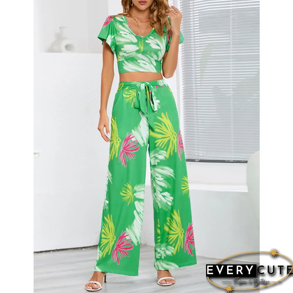 Green Printed V Neck Crop and Wide Leg Pant Set