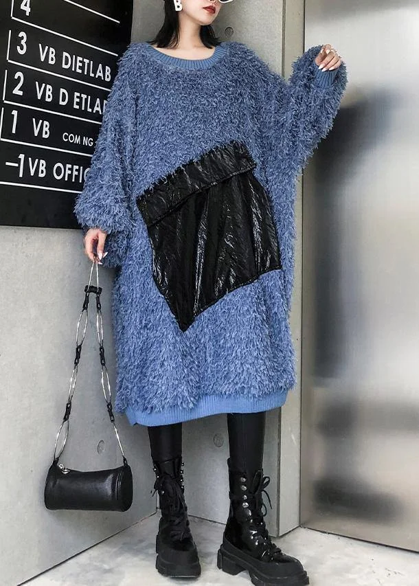 Cute blue Sweater weather plus size o neck tassel Big sweater dresses