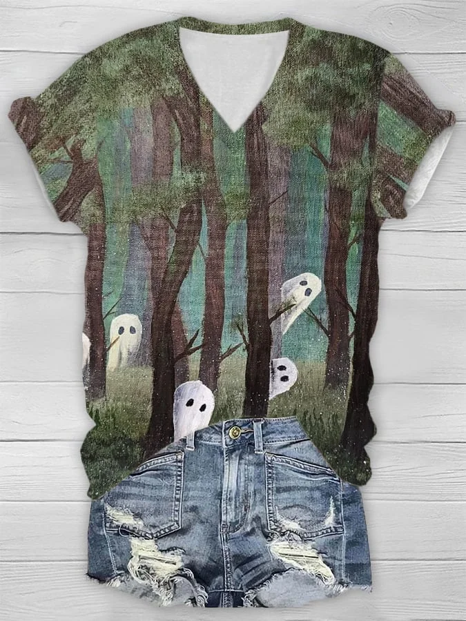 👻Buy 3 Get 10% Off👻Women's Casual Ghost Art Print Short Sleeve T-Shirt