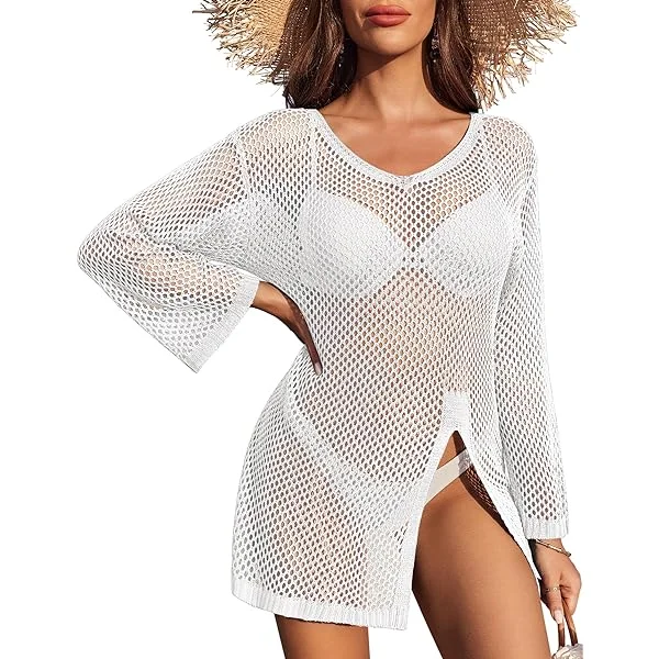AI'MAGE Women's Crochet Cover Up Long Sleeve Bathing Suit Cover Ups Side Split Hollow Out Beach Dresses Crochet Top Beige Small