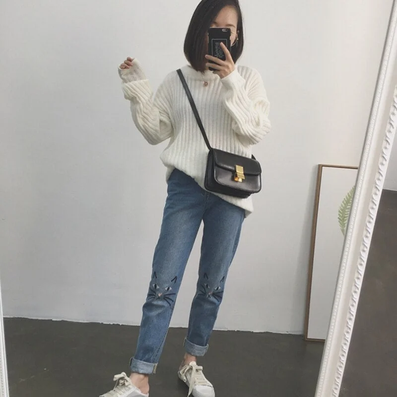 Jeans Women Cat Printed Kawaii Simple Korean Style Zipper Fly Breathable Soft Trendy Leisure Pockets Jean Womens Lovely Chic