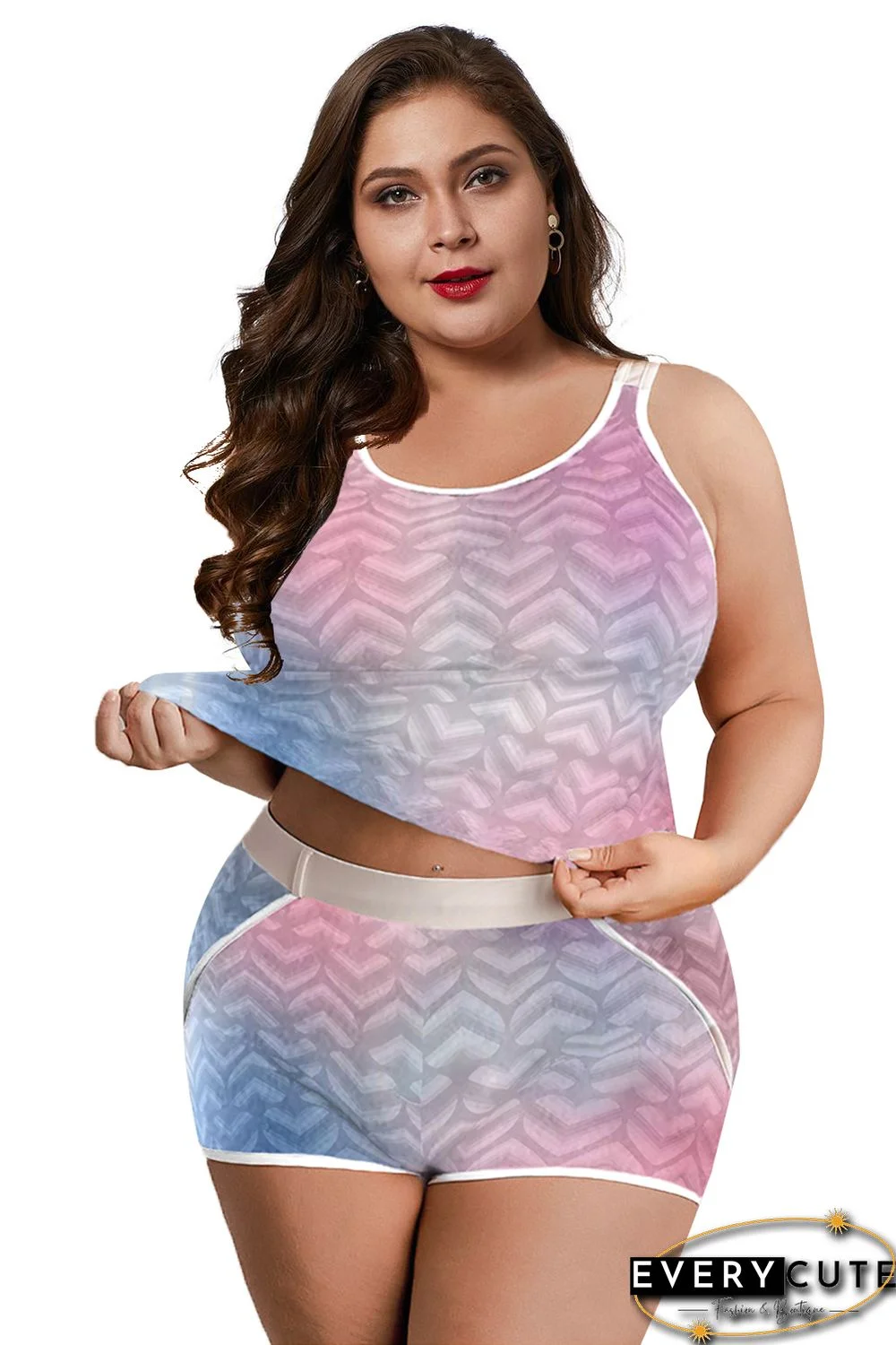 Multicolor Ombre Heart Print Plus Size Tank and Short Set