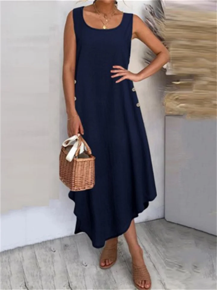 Summer Tank Dress Cotton Linen Solid Color Button Irregular Hem Long Skirt-JRSEE