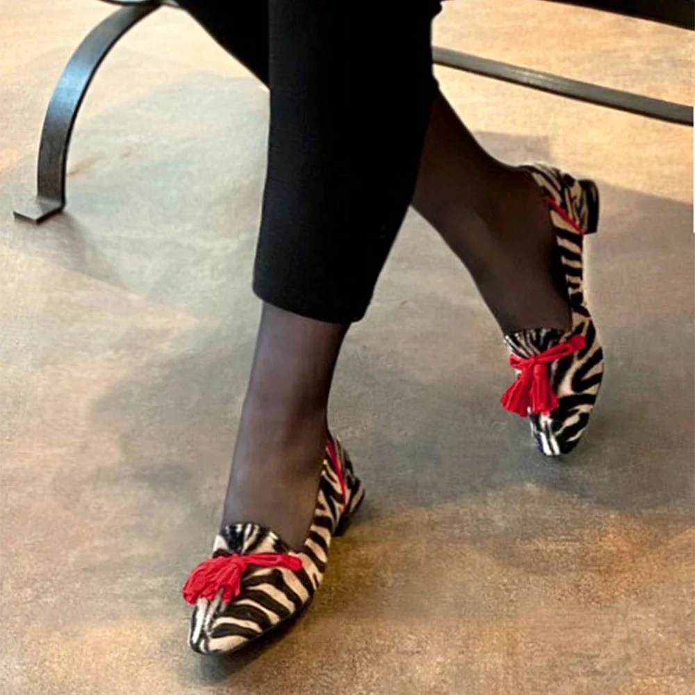 Black and Beige Zebra Print Round Toe Tassel Loafer Shoes Women