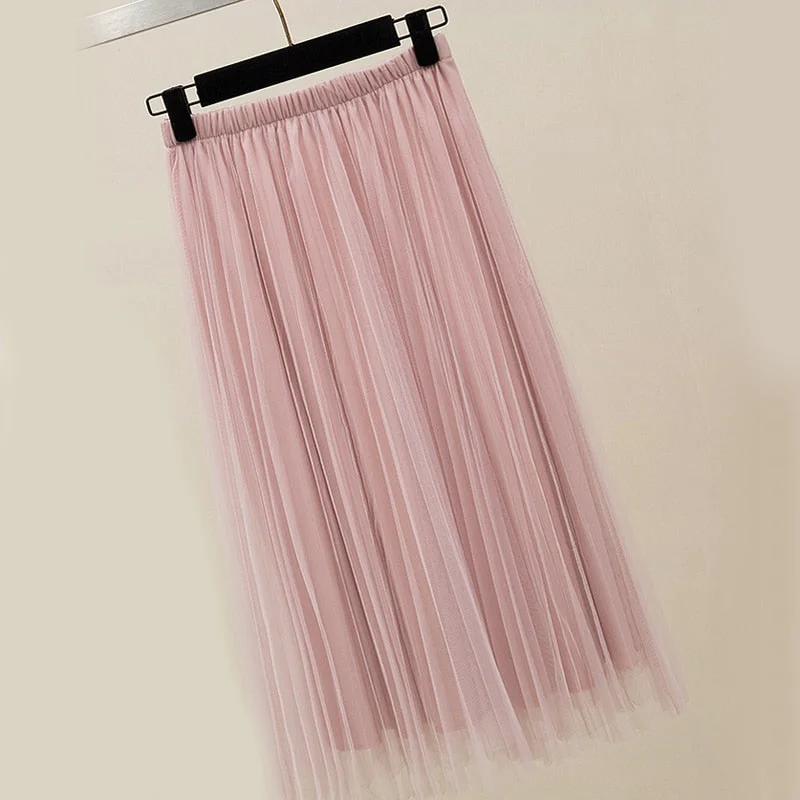 Zoki New 2021 Women Tulle Skirt Elastic High Waist Mesh Spring Summer Fashion Long Skirt A Line Black Girl Korean Pleated Faldas