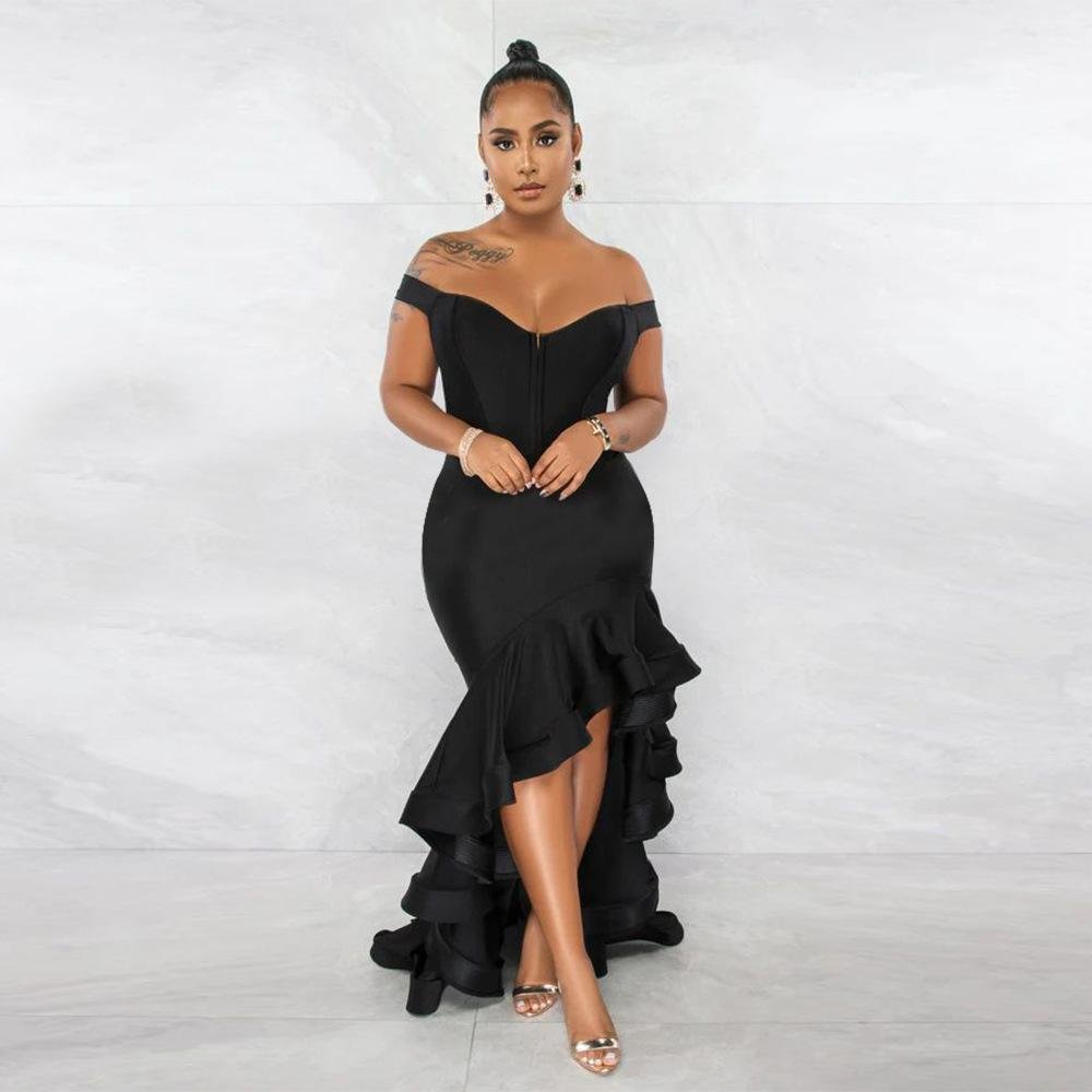 Neosepa-Flirty Low Cut Cap Sleeve Front Zipper Trimmed Lush Flounced Black Lady Dress