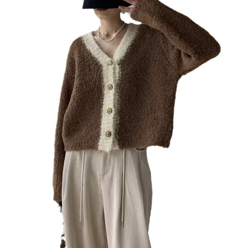 Churchf Churchf Small Fragrant Wind Winter New Female Bump Color V-Neck Loose Long-Sleeved Single Breasted Sweater Jacket Coat Tide