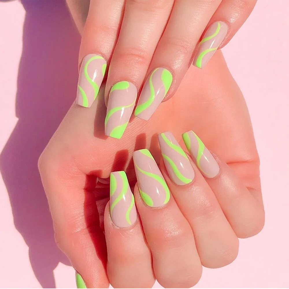 24pcs blue white Wavy lines Detachable Long Ballerina False Nails With Design Wearable Fake Nails Full Cover Nail Tips-Nail Inspo