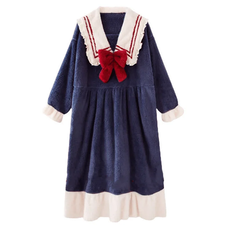 Doll Collar Bow Decor Plush Pajamas Dress - Modakawa modakawa