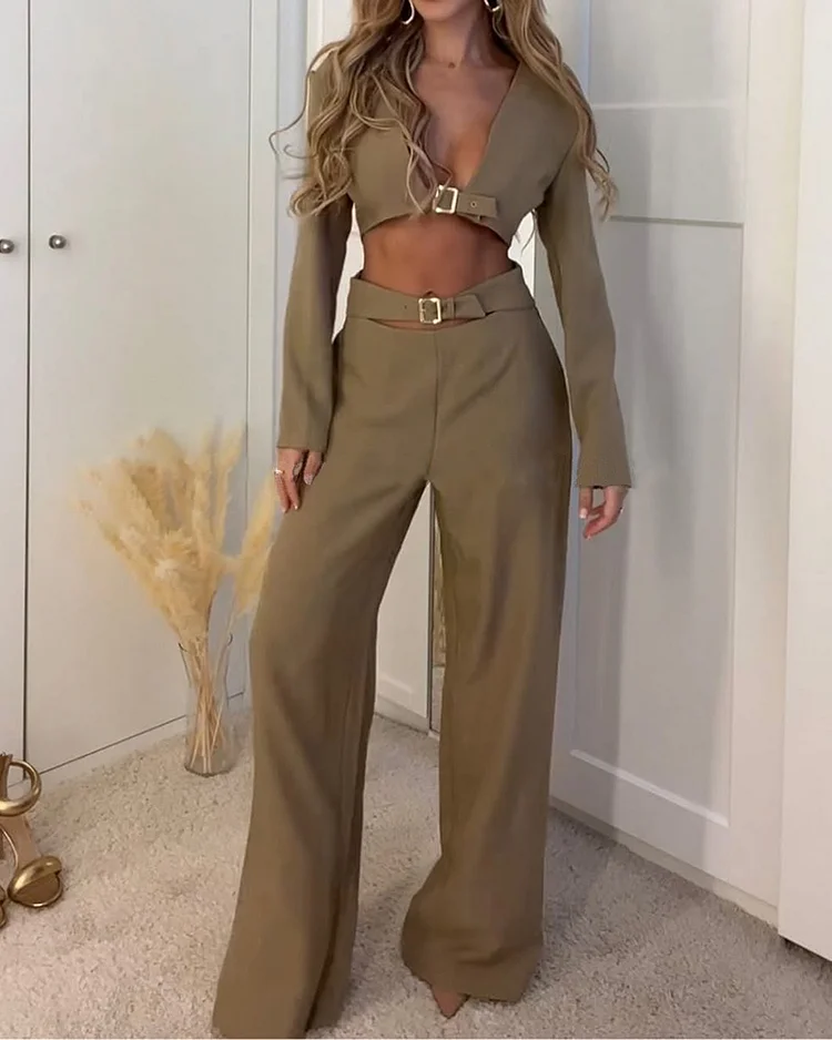 V-neck Long-sleeved Top and Pants Two-piece Set