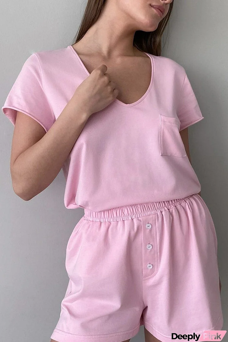 Two Piece Solid Color T-shirt Single-breasted Shorts Set