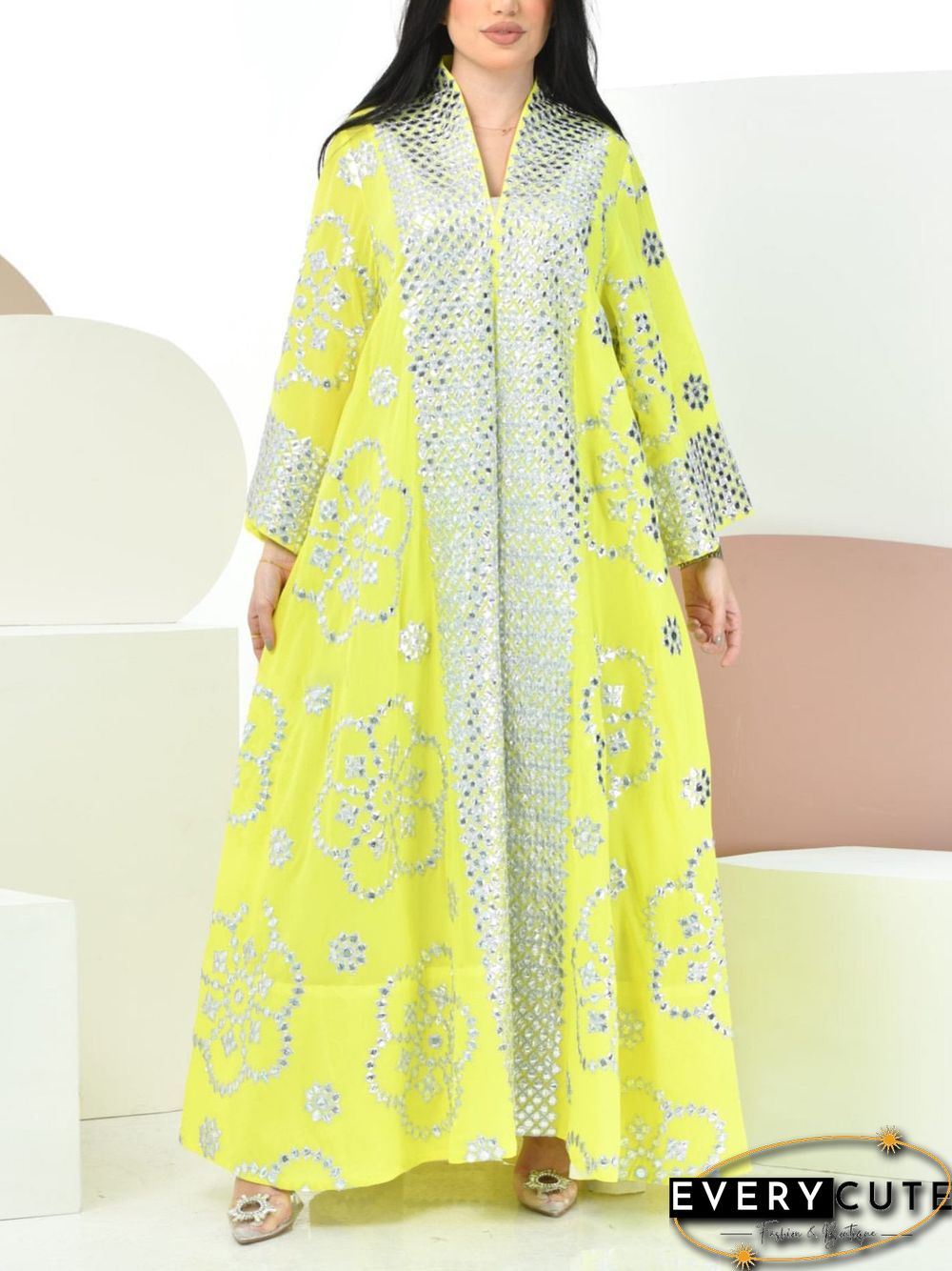 Ramadan Women Yellow V-Necked Kaftan