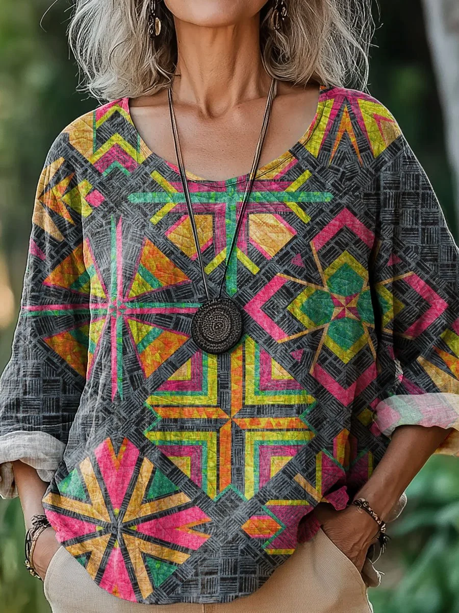 Women's Retro Geometric Pattern Art Print Casual Cotton And Linen Shirt