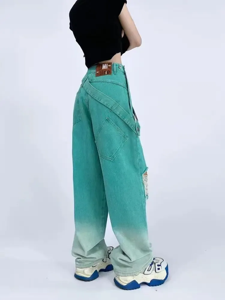 Brownm Denim Strap Baggy Jeans