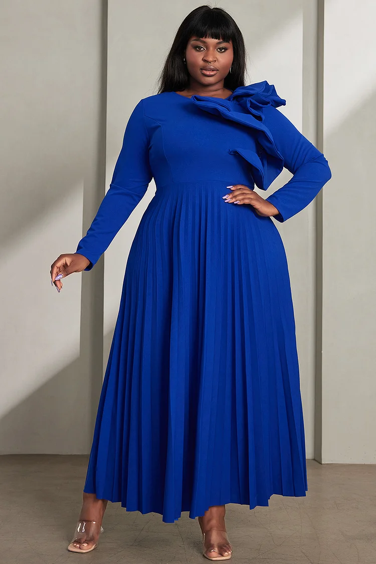 Xpluswear Design Plus Size Daily Maxi Dresses Elegant Royal Blue Fall Winter Crew Neck Long Sleeve Pleated Knitted Maxi Dresses [Pre-Order]