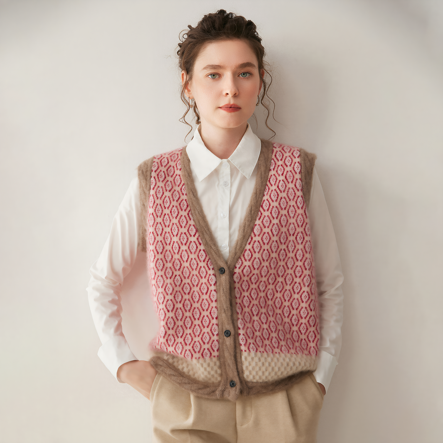 Women's V-Neck Cashmere Vest | Vintage Jacquard Knit REAL SILK LIFE