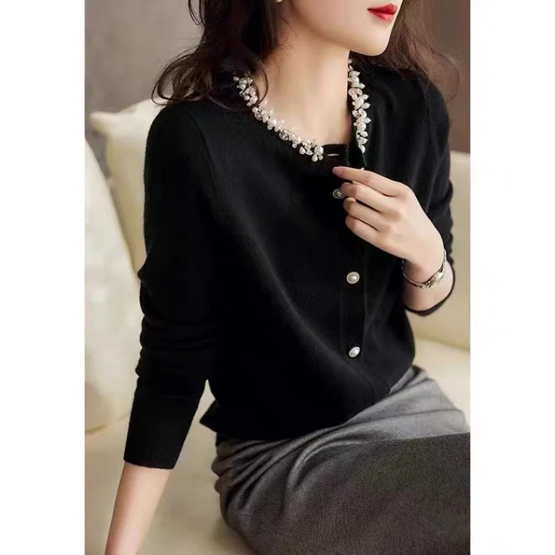 Toloer Toloer Year Spring And Autumn New Style Small Fragrant Wind Nail Bead Set Diamond Slim Ice Silk Knit Cardigan Female Jacket-Outfit Ideas
