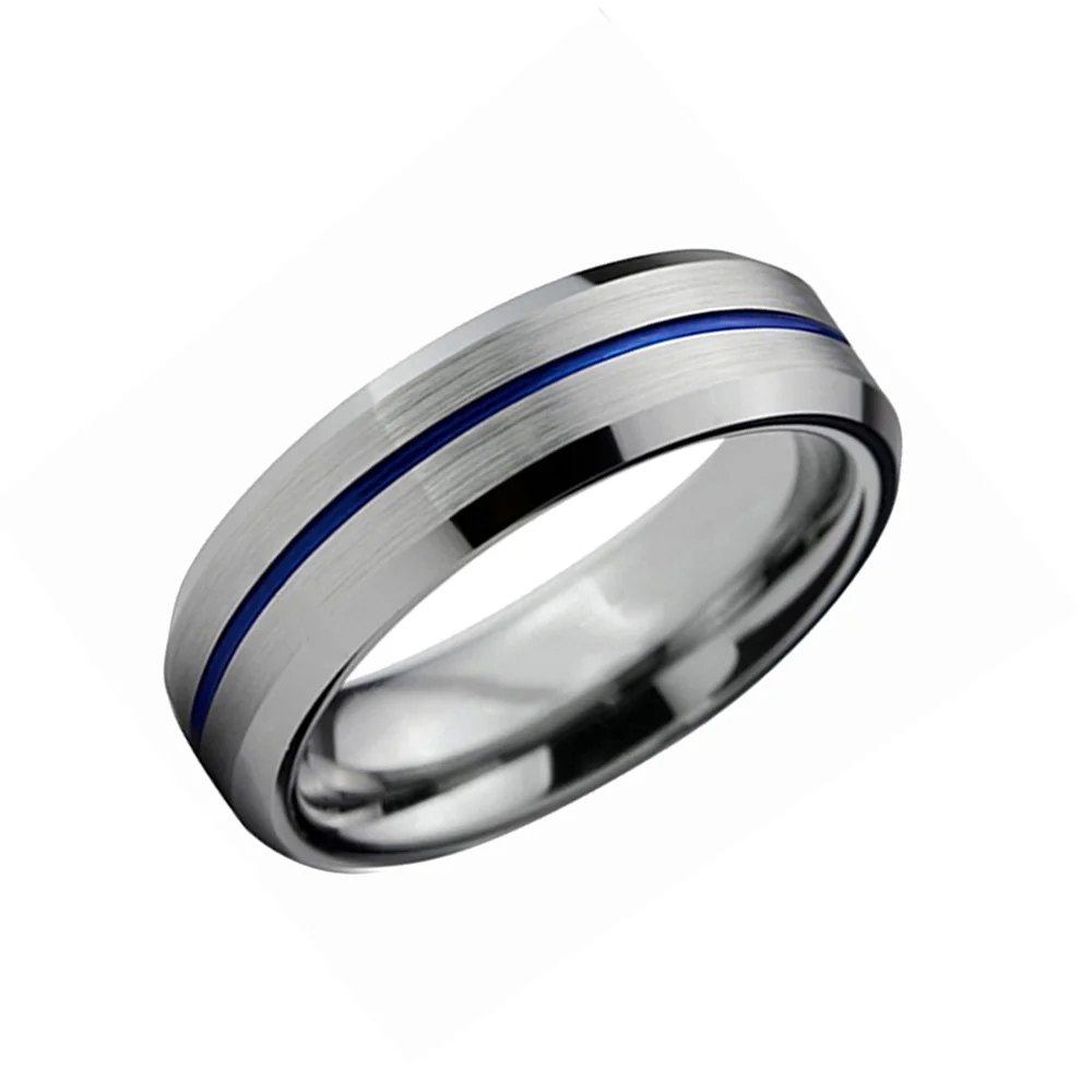 6MM 8MM Silver Brushed Tungsten Ring Blue Grooved Mens Wedding Band