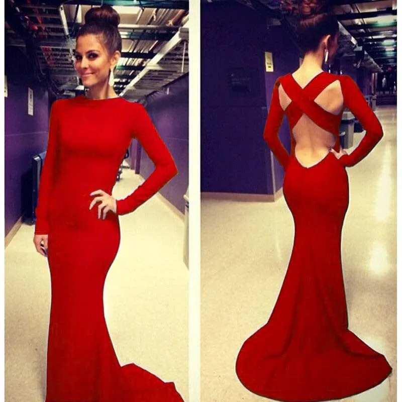Sexy Red Cross Back Long Sleeve Mermaid Dress