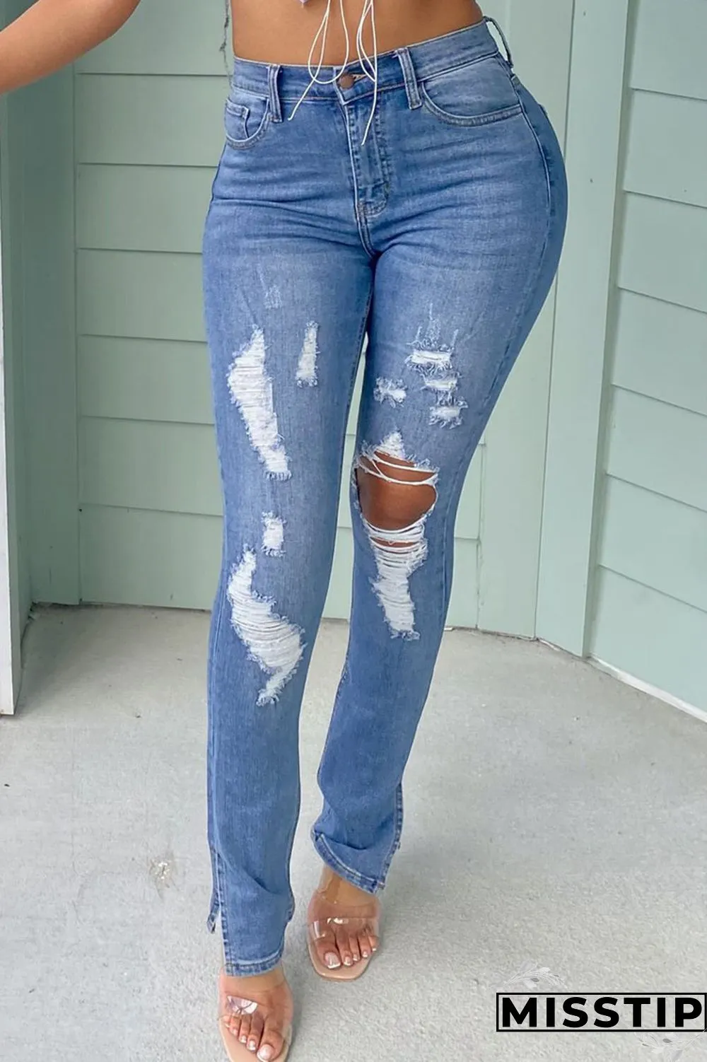 Blue Street Solid Make Old High Waist Regular Denim