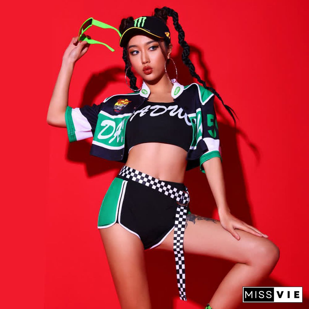 Letter Print Crop Top Shorts Mini Skirt Pants Colorblock Three Pieces Set