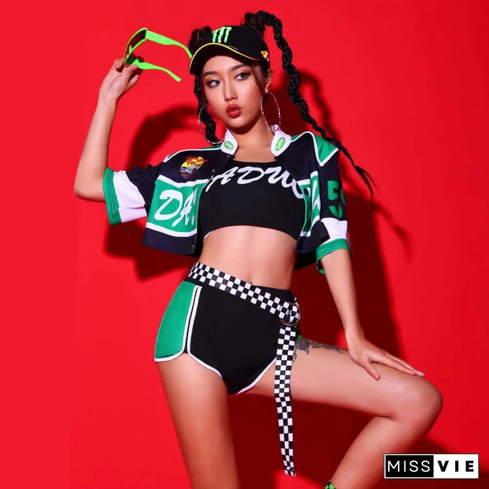 Letter Print Crop Top Shorts Mini Skirt Pants Colorblock Three Pieces Set