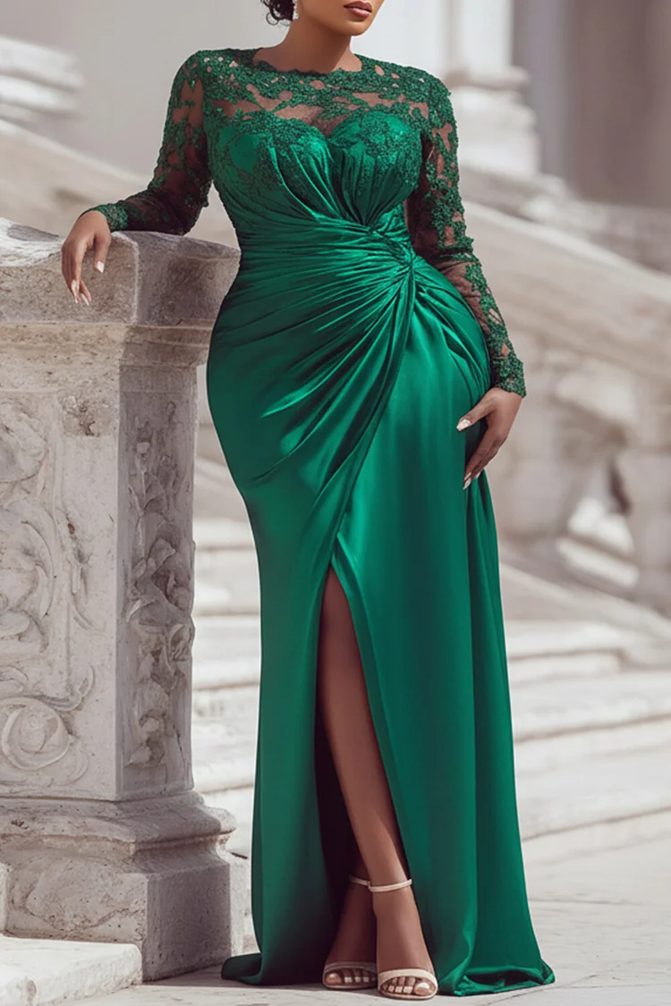 Xpluswear Design Plus Size Formal Black Round Neck Long Sleeve Split Elegant Drilling Satin Maxi Dresses [Pre-Order]